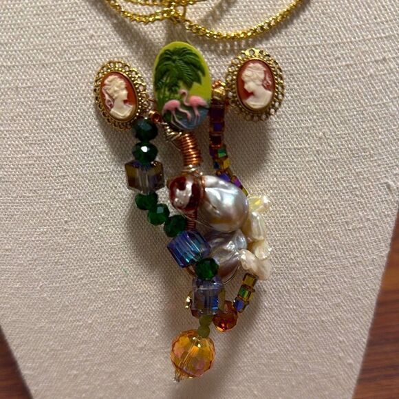 Artisan Made One OF A Kind Necklace. Gold-tone with Huge Multimedia Pendant. - Picture 3 of 4